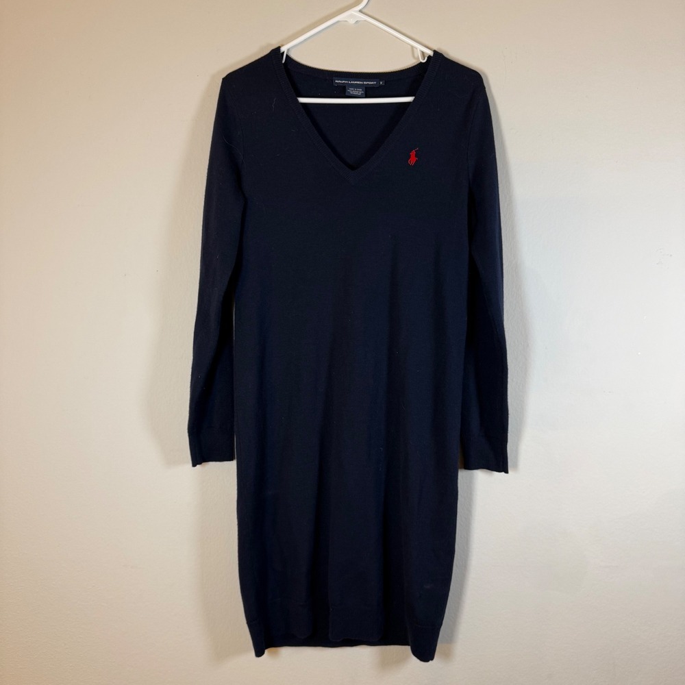 Ralph Lauren Sport Merino Wool V Neck Sweater Dress Sz M small hole c pics